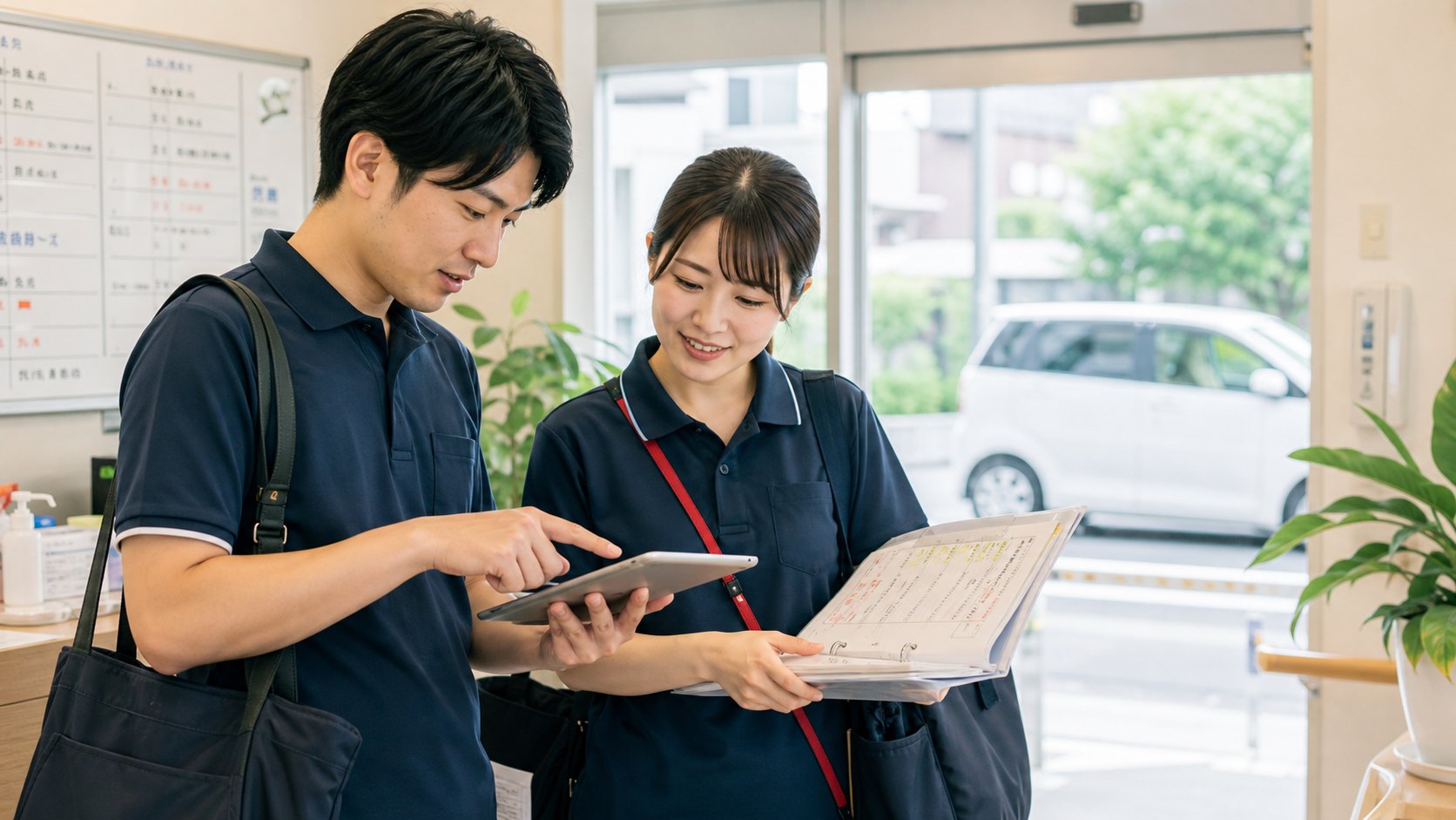 訪問看護スタッフがタブレットとバインダーで訪問ルートを確認するイメージ