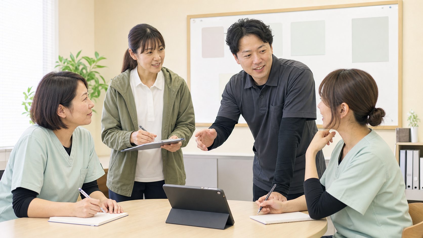 訪問看護ステーションのスタッフが朝会で予定を確認するイメージ