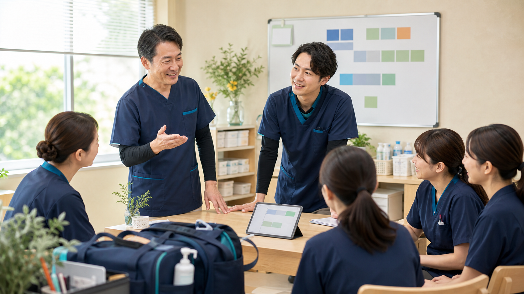 訪問看護ステーションのスタッフと新旧責任者が引継ぎ計画を共有する様子